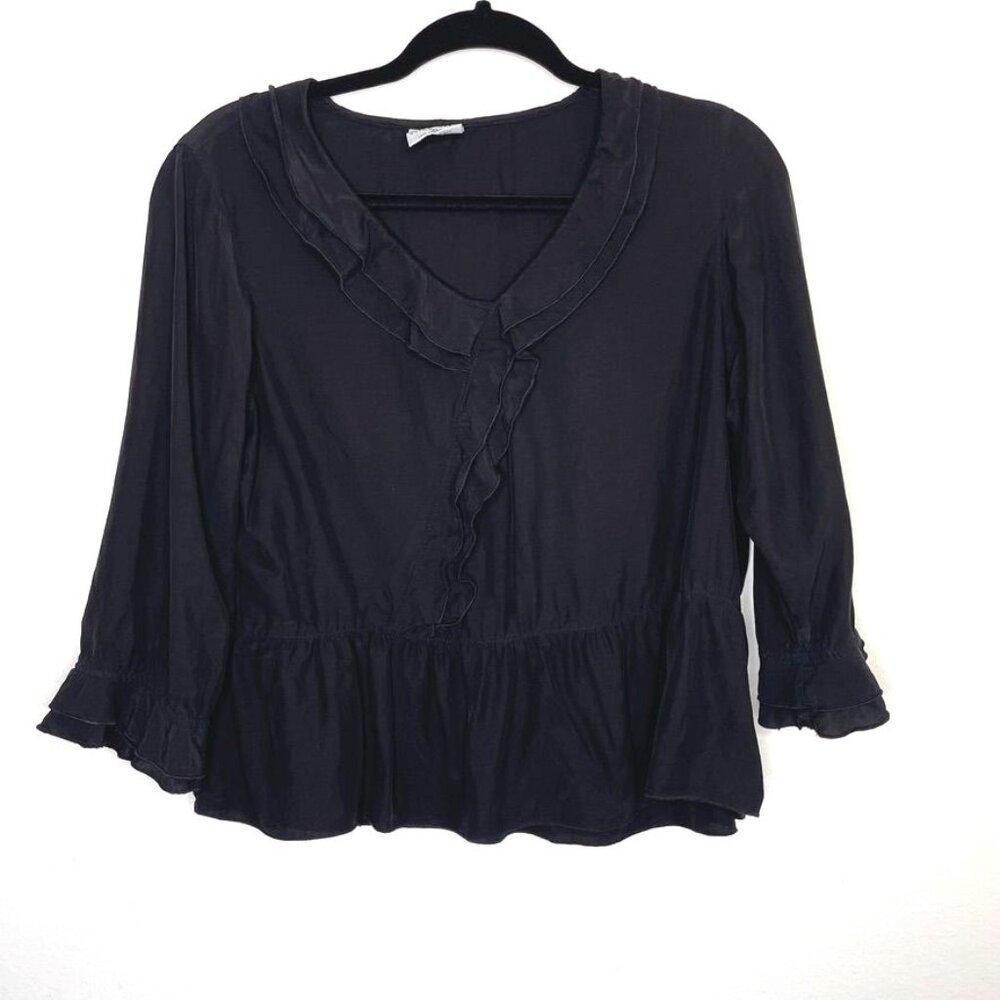 Click by Color Me Cotton Black Ruffle Trim Peplum Top Made‎ in USA Womens M